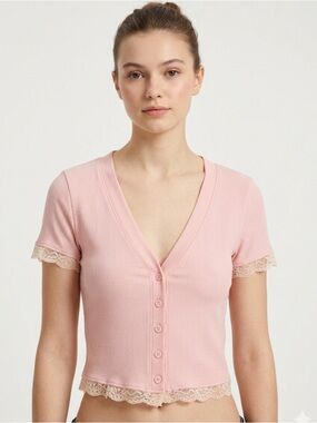 Forever 21 Pink Lace Trim Baby Tee | Y2K Button Front Crop Top XS